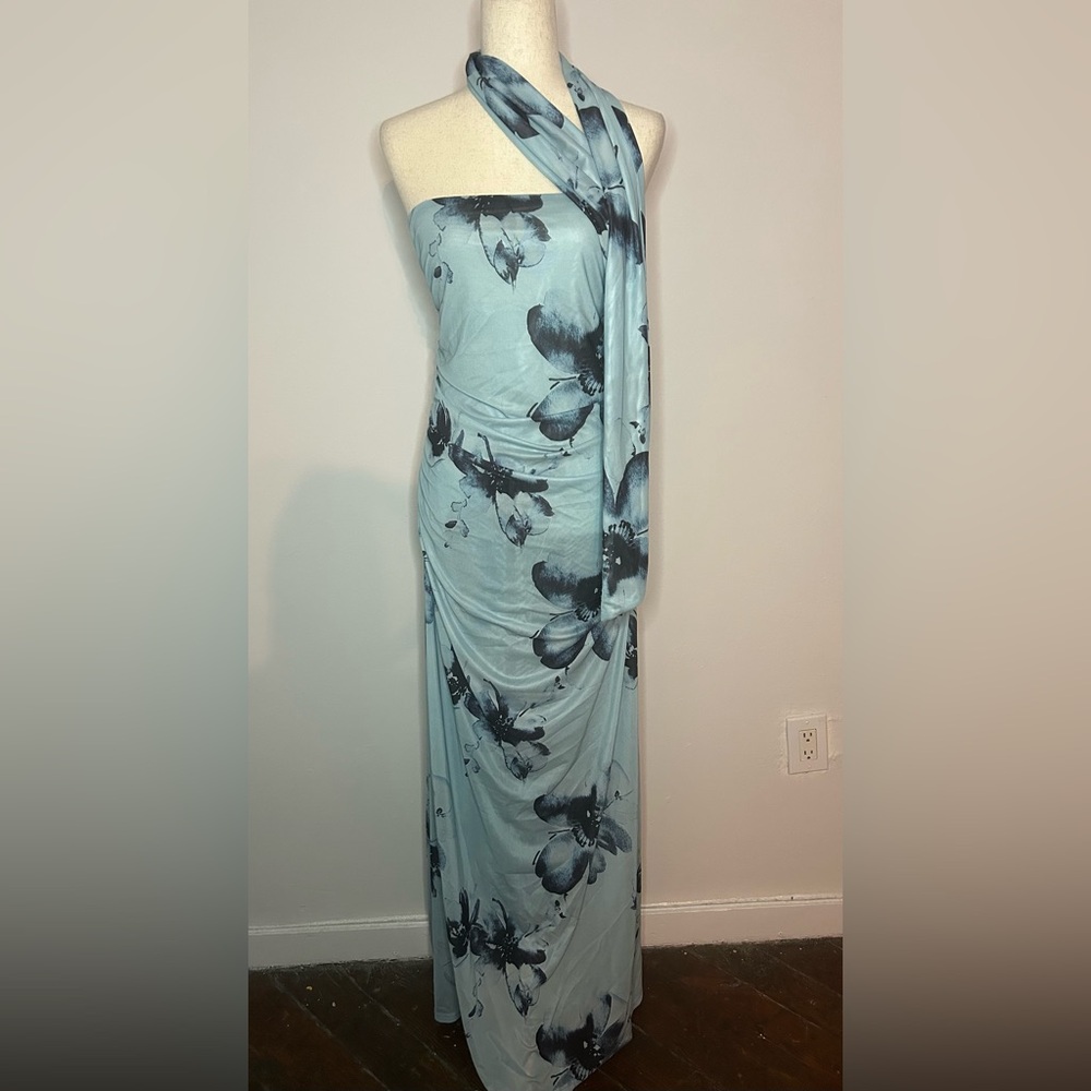 PEPPERMAYO Blue Strapless Floral Dress with Attached Neck Scarf and Ruched Side